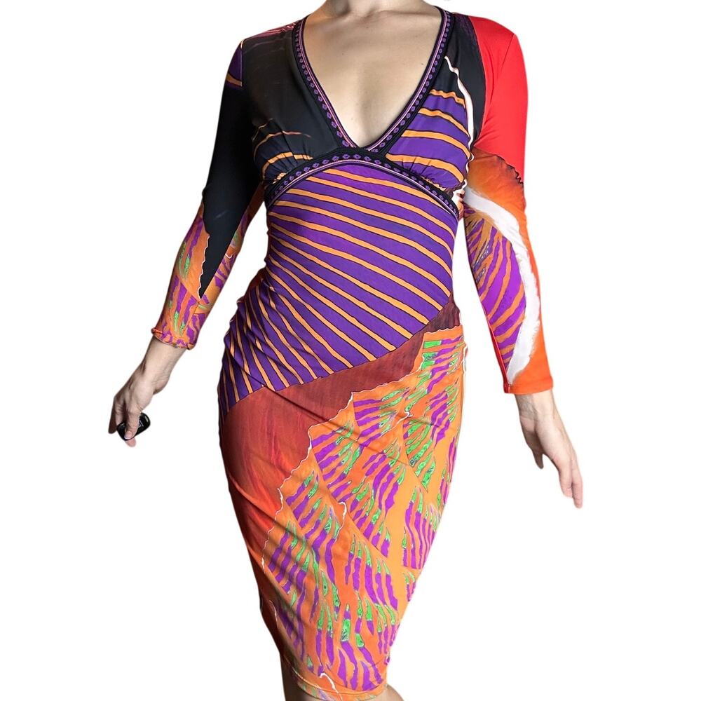 Roberto Cavalli SS01 Geometric Print Plunging Dress EU 40